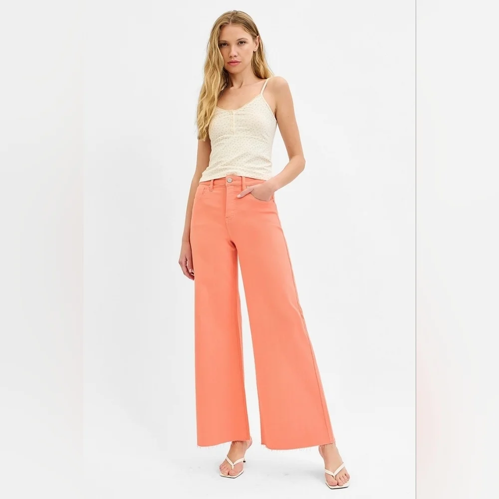 Risen High Rise Tummy Control Wide Leg Palazzo Jeans Coral Peach Various NEW
